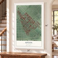 Upton, Maryland map, 24 x 36 inch print in a white frame by a staircase