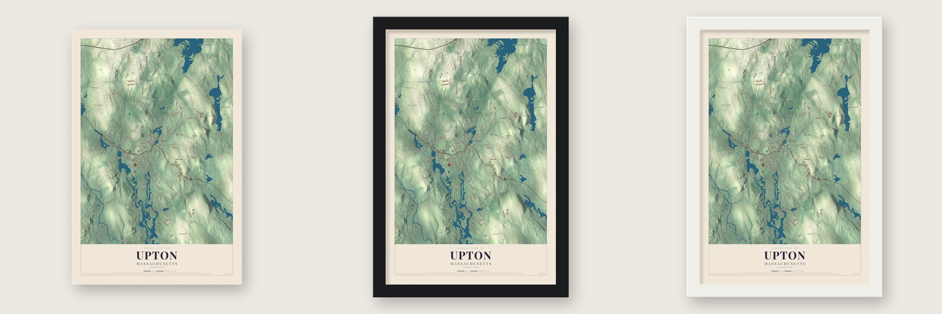 Upton, Massachusetts map unframed, in a black wood frame and in a white wood frame