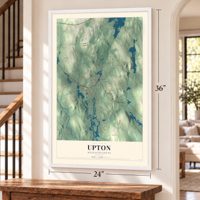Upton, Massachusetts map, 24 x 36 inch print in a white frame by a staircase