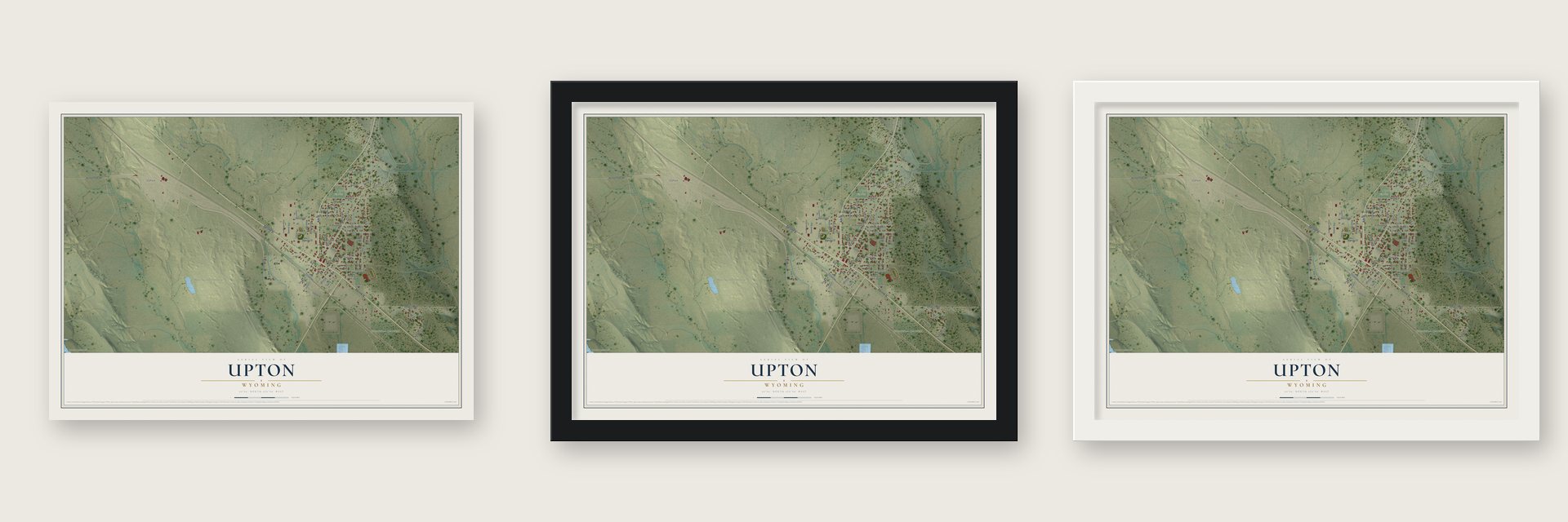 Upton, Wyoming map unframed, in a black wood frame and in a white wood frame