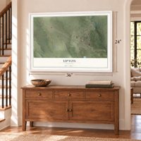 Upton, Wyoming map, 24 x 36 inch print in a white frame above a dresser by a staircase