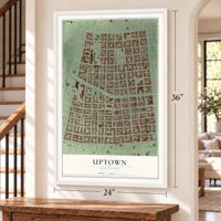 Uptown, Louisiana map, 24 x 36 inch print in a white frame by a staircase