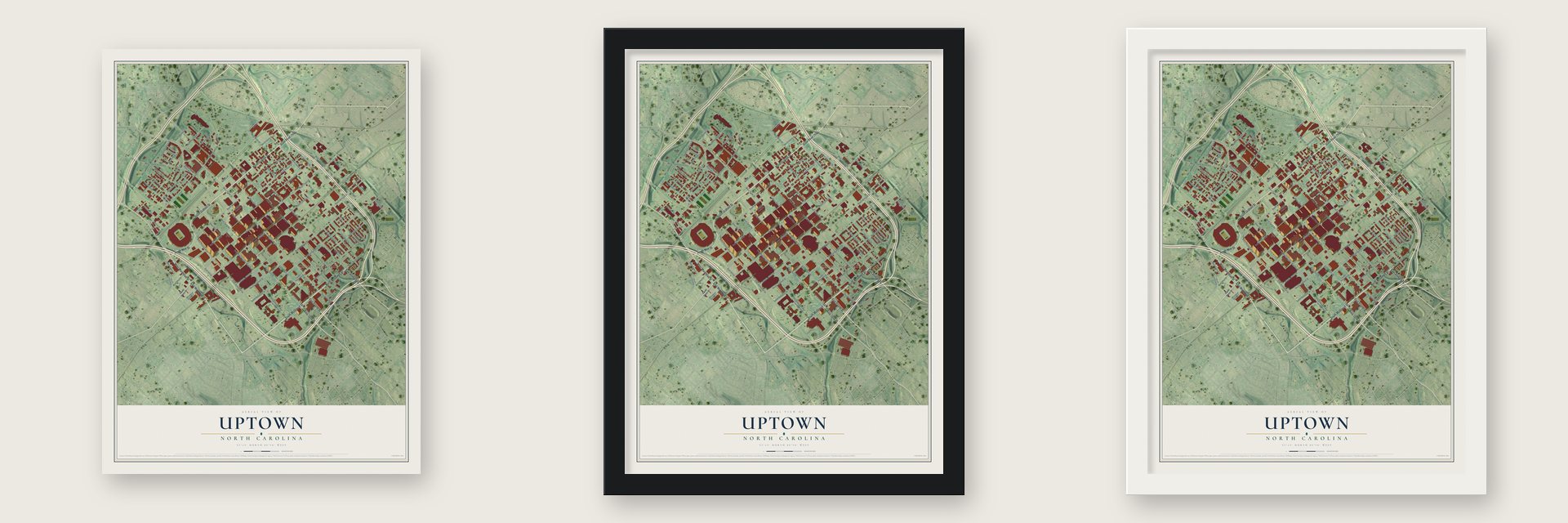 Uptown, North Carolina map unframed, in a black wood frame and in a white wood frame