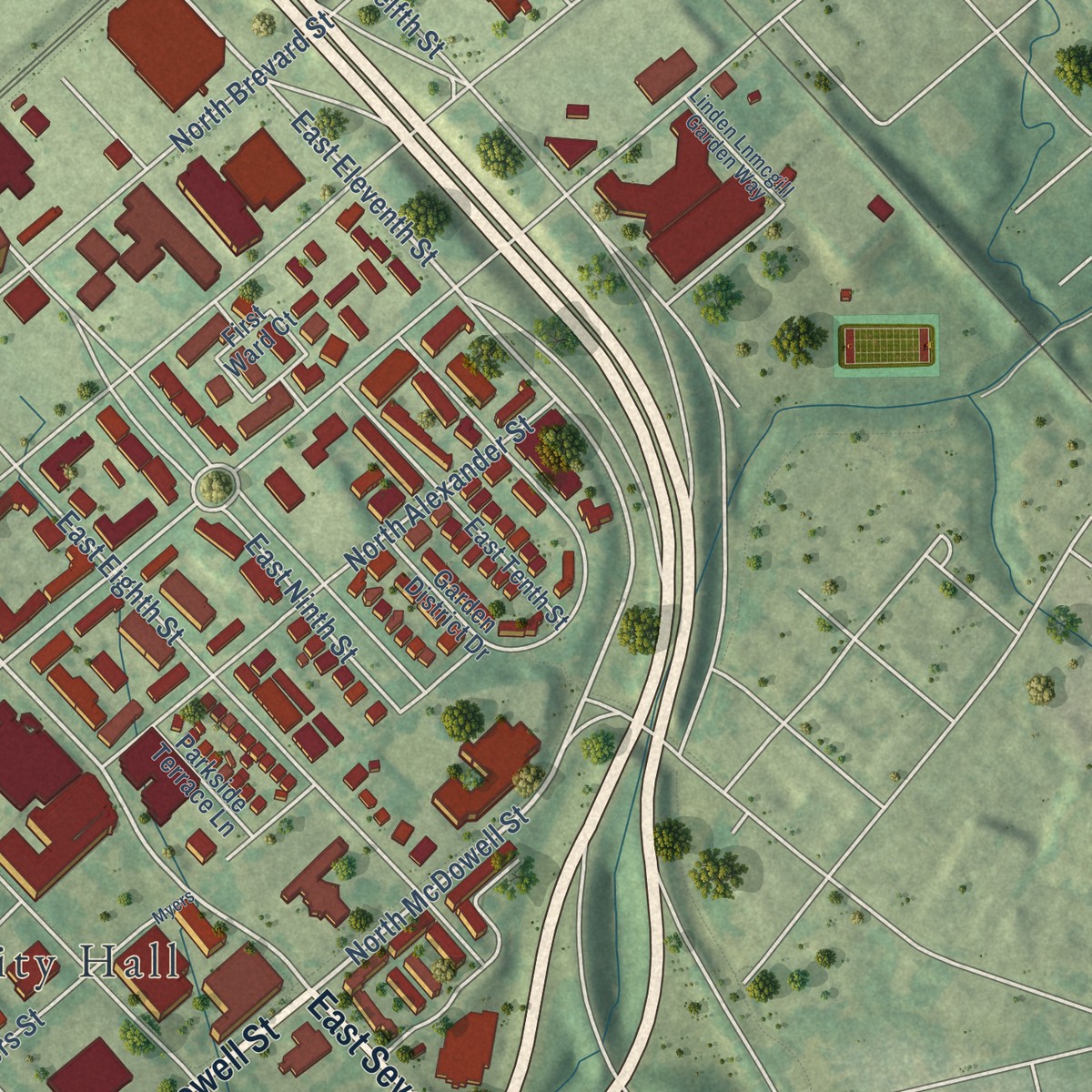 Second close-up of the map of Uptown, North Carolina print showing more streets and buildings
