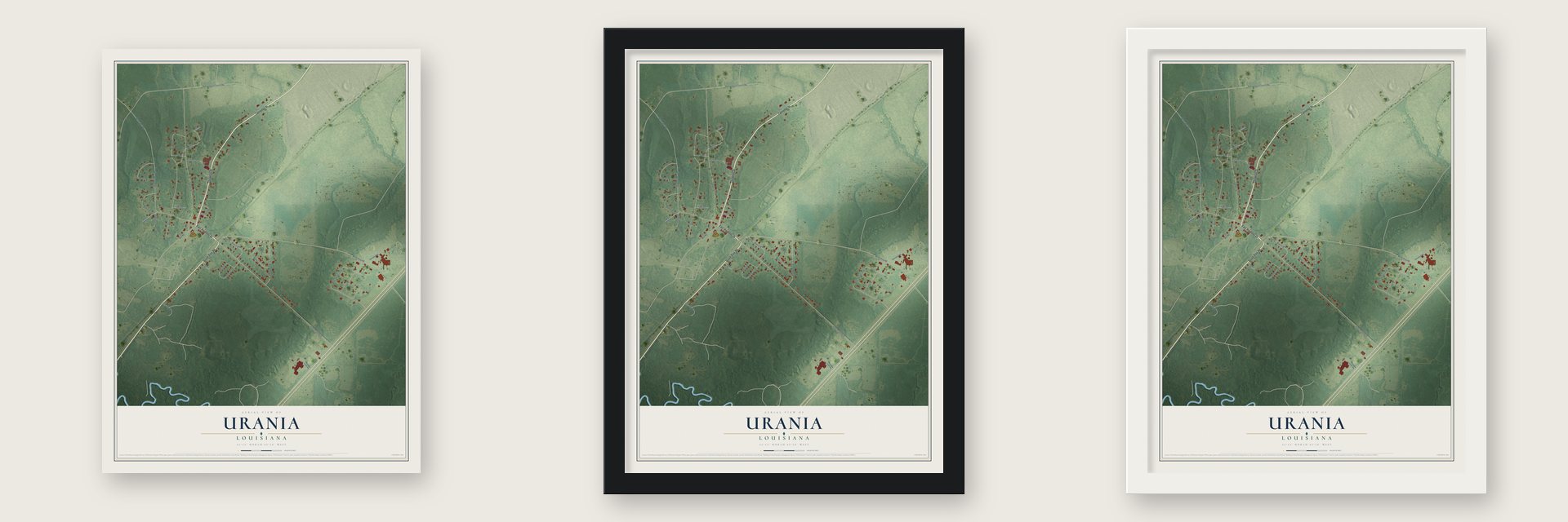 Urania, Louisiana map unframed, in a black wood frame and in a white wood frame