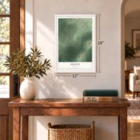 Urania, Louisiana map, 12 x 18 inch print in a white frame in an entryway