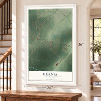 Urania, Louisiana map, 24 x 36 inch print in a white frame by a staircase