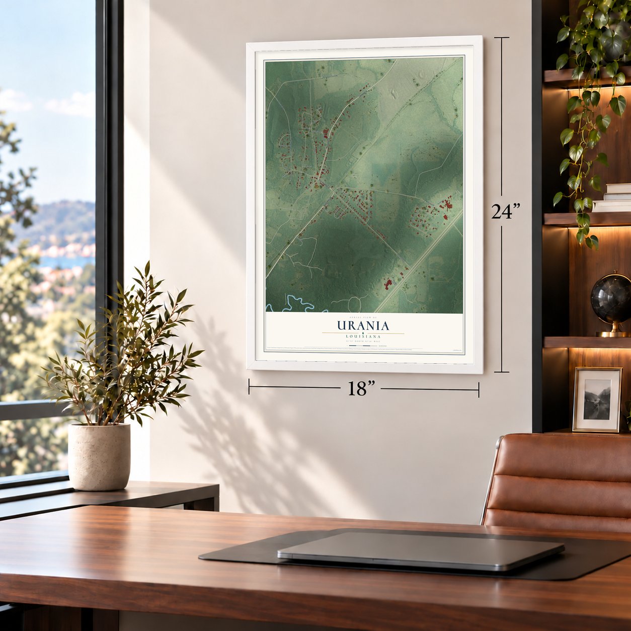 Urania, Louisiana map, 18 x 24 inch print in a white frame in a home office