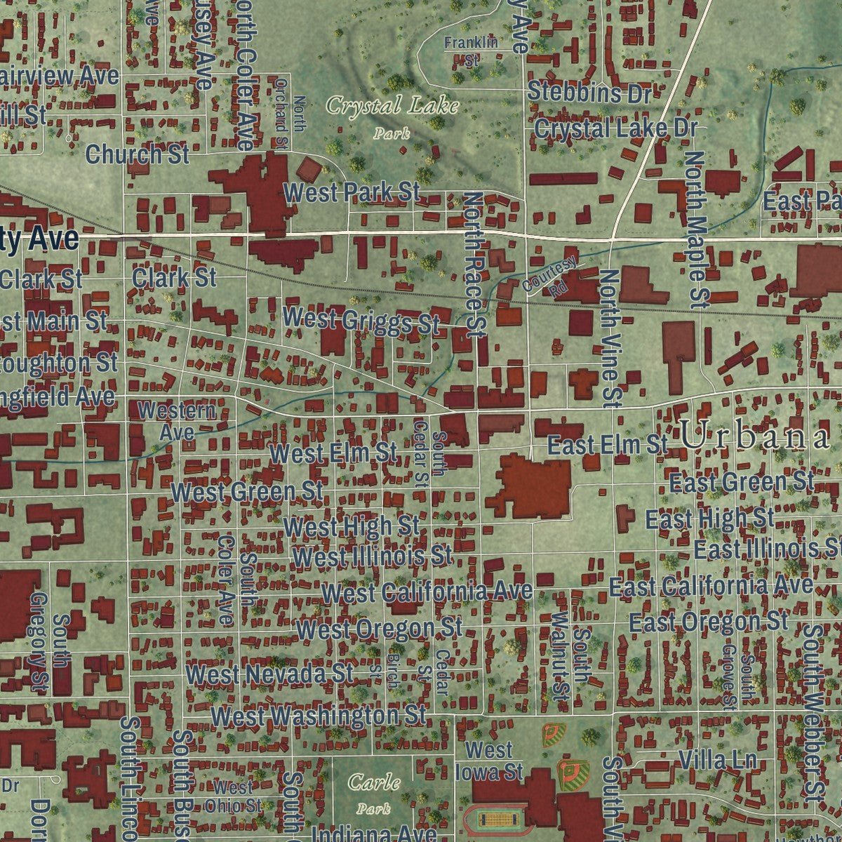 Second close-up of the map of Urbana, Illinois print showing more streets and buildings