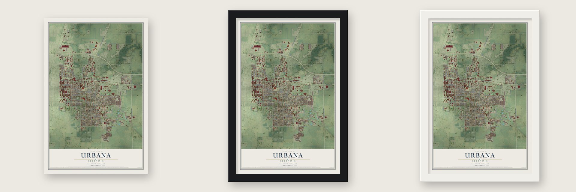 Urbana, Illinois map unframed, in a black wood frame and in a white wood frame