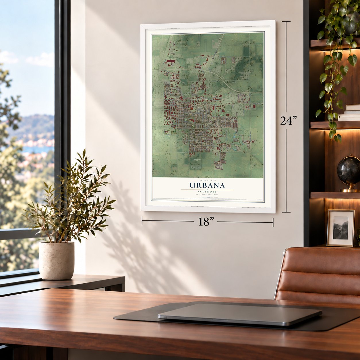 Urbana, Illinois map, 18 x 24 inch print in a white frame in a home office