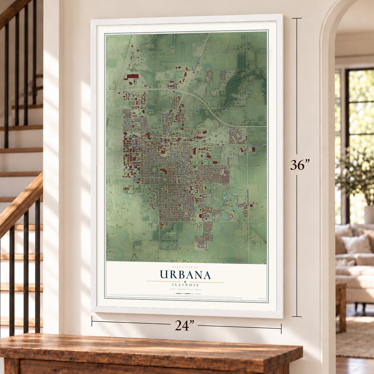Urbana, Illinois map, 24 x 36 inch print in a white frame by a staircase