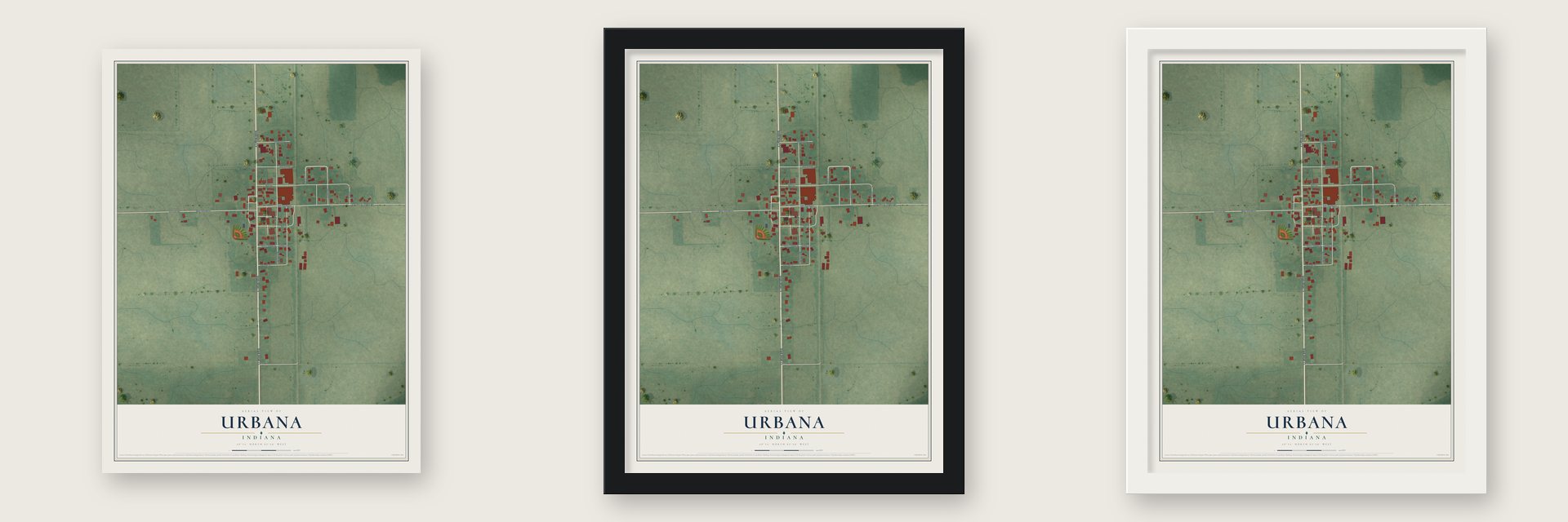 Urbana, Indiana map unframed, in a black wood frame and in a white wood frame