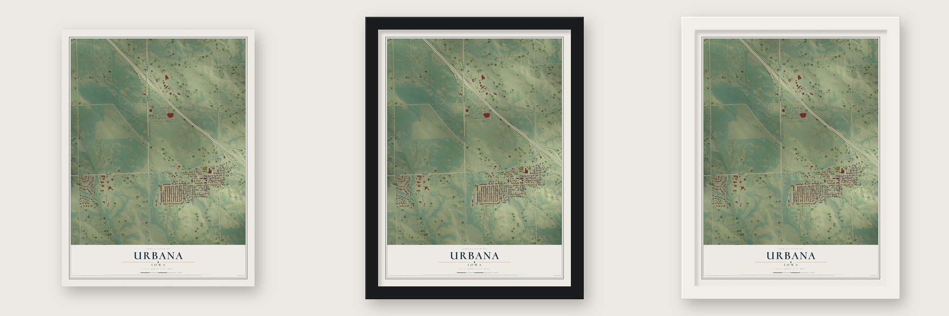 Urbana, Iowa map unframed, in a black wood frame and in a white wood frame