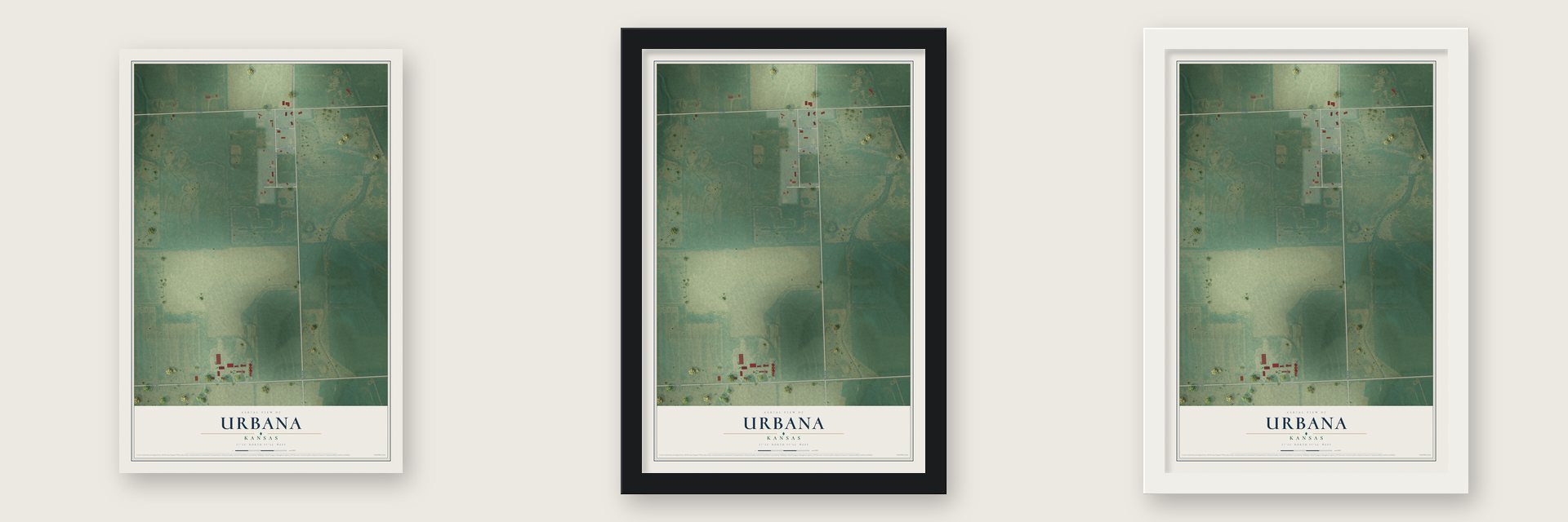 Urbana, Kansas map unframed, in a black wood frame and in a white wood frame
