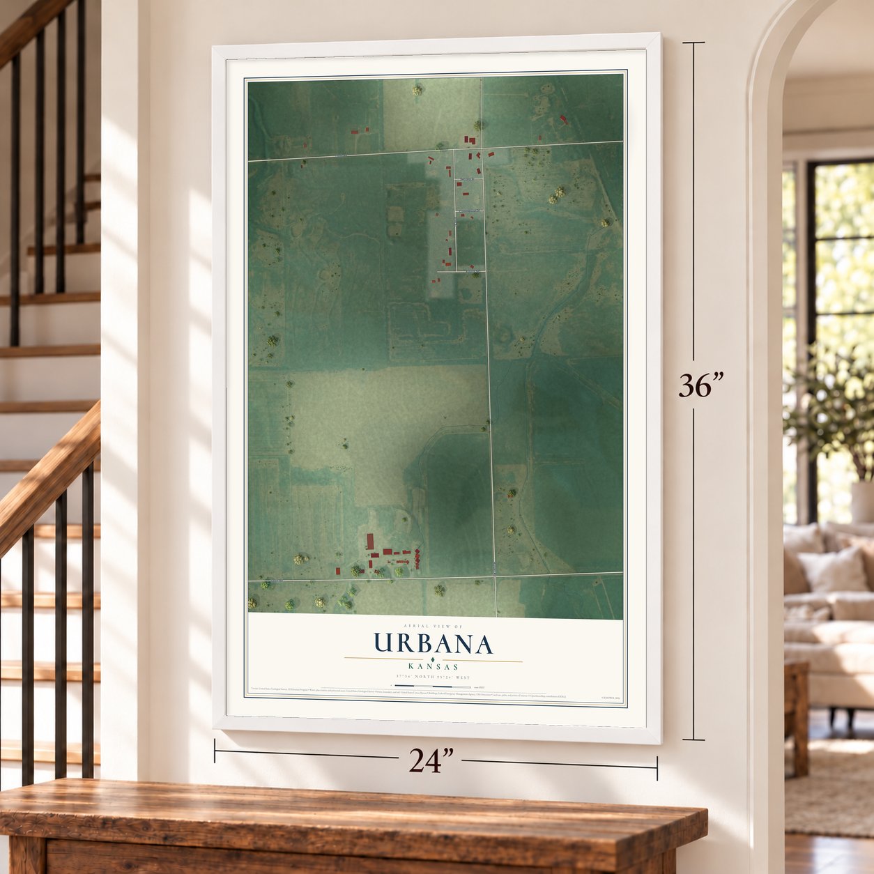 Urbana, Kansas map, 24 x 36 inch print in a white frame by a staircase