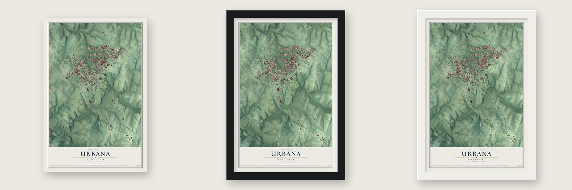 Urbana, Maryland map unframed, in a black wood frame and in a white wood frame