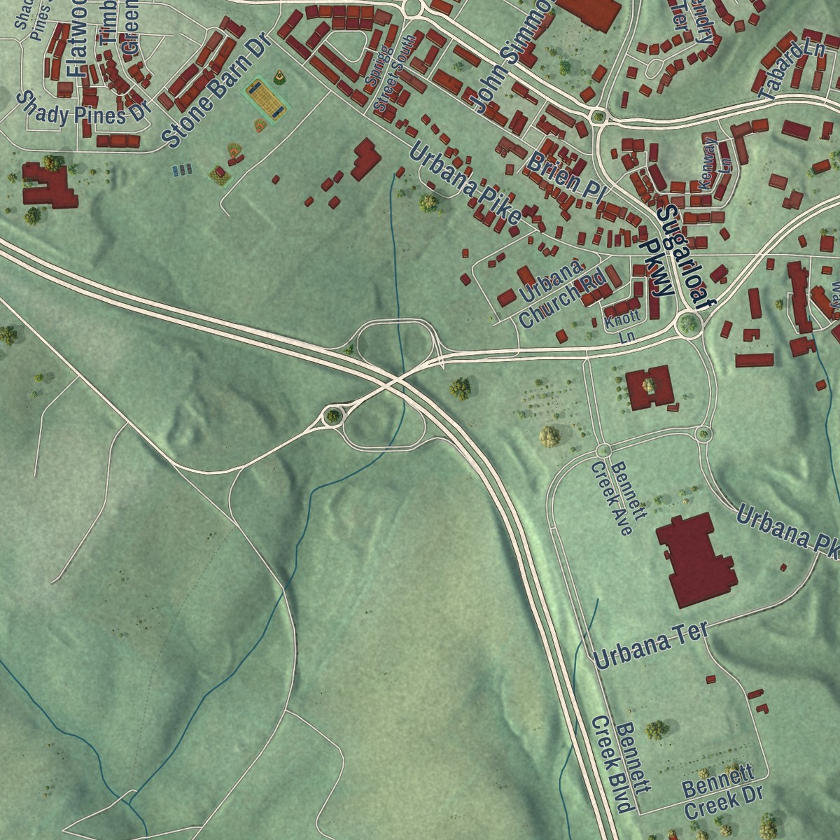 Second close-up of the map of Urbana, Maryland print showing more streets and buildings