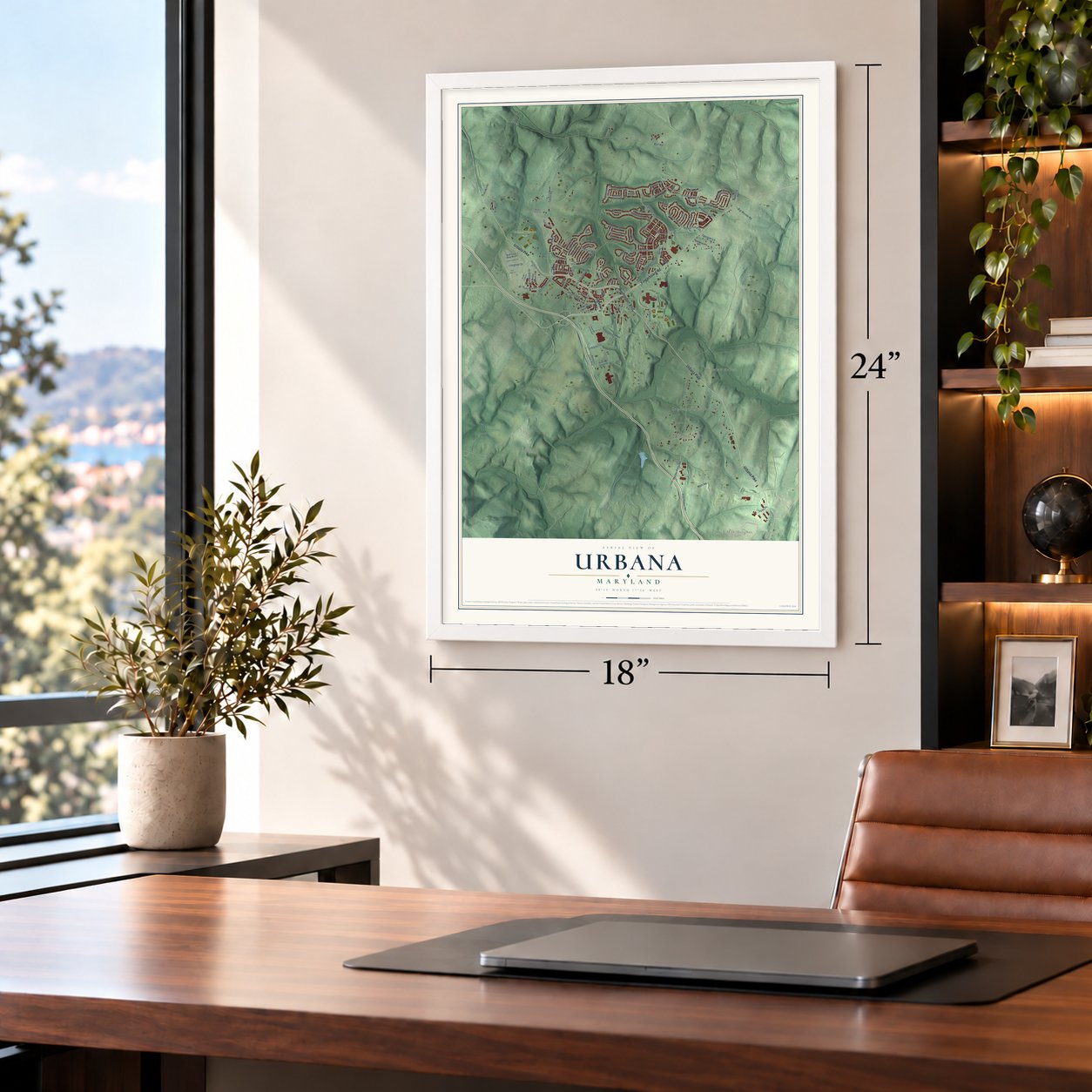 Urbana, Maryland map, 18 x 24 inch print in a white frame in a home office