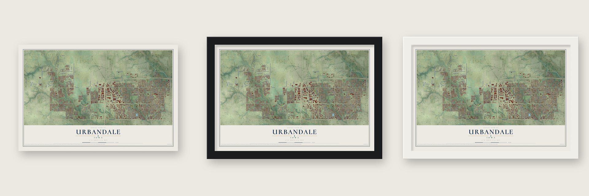 Urbandale, Iowa map unframed, in a black wood frame and in a white wood frame