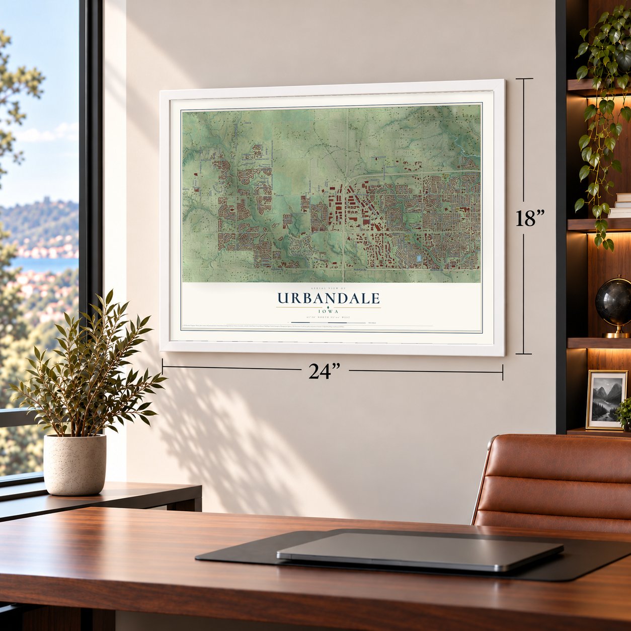 Urbandale, Iowa map, 18 x 24 inch print in a white frame in a home office