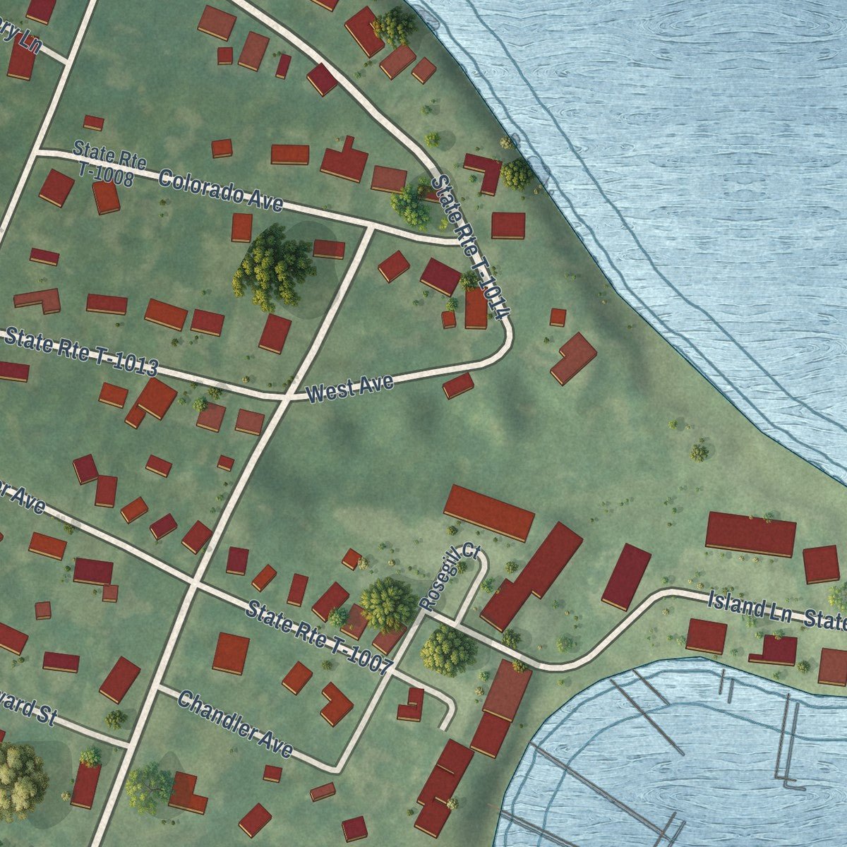Second close-up of the map of Urbanna, Virginia print showing more streets and buildings