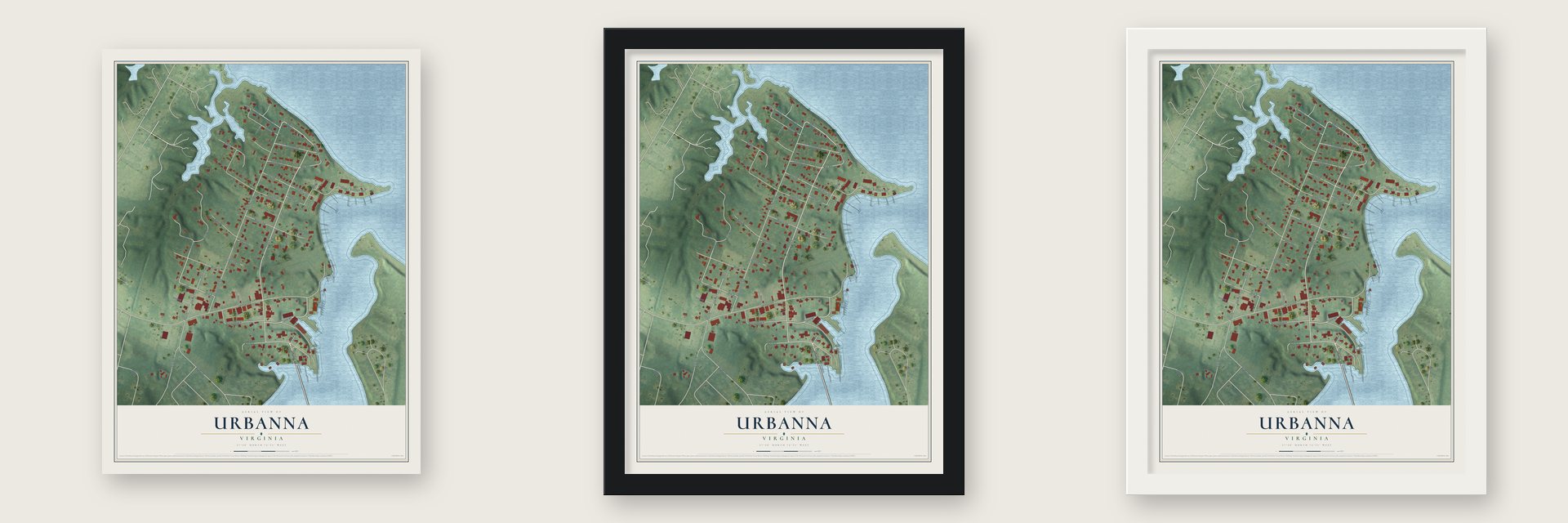 Urbanna, Virginia map unframed, in a black wood frame and in a white wood frame