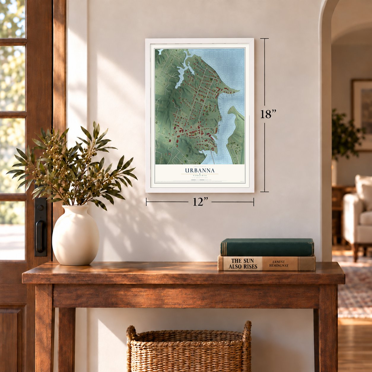 Urbanna, Virginia map, 12 x 18 inch print in a white frame in an entryway