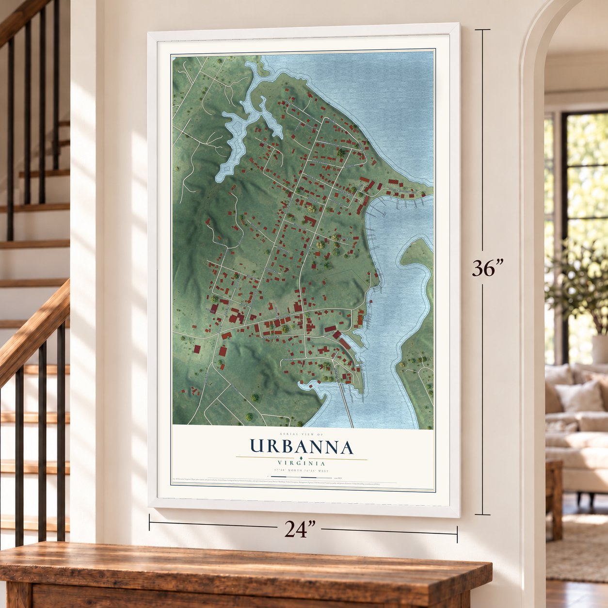 Urbanna, Virginia map, 24 x 36 inch print in a white frame by a staircase