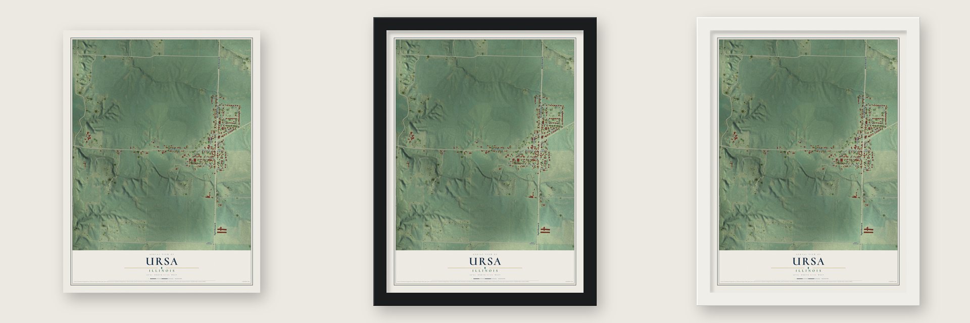 Ursa, Illinois map unframed, in a black wood frame and in a white wood frame