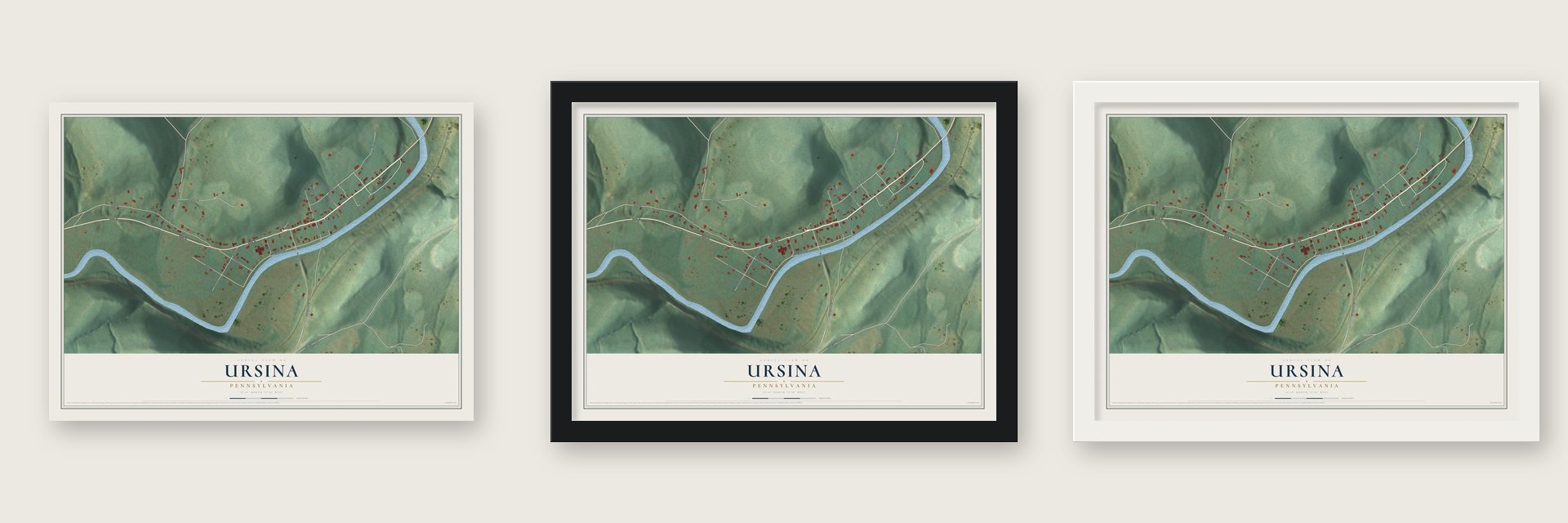 Ursina, Pennsylvania map unframed, in a black wood frame and in a white wood frame