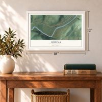 Ursina, Pennsylvania map, 12 x 18 inch print in a white frame in an entryway