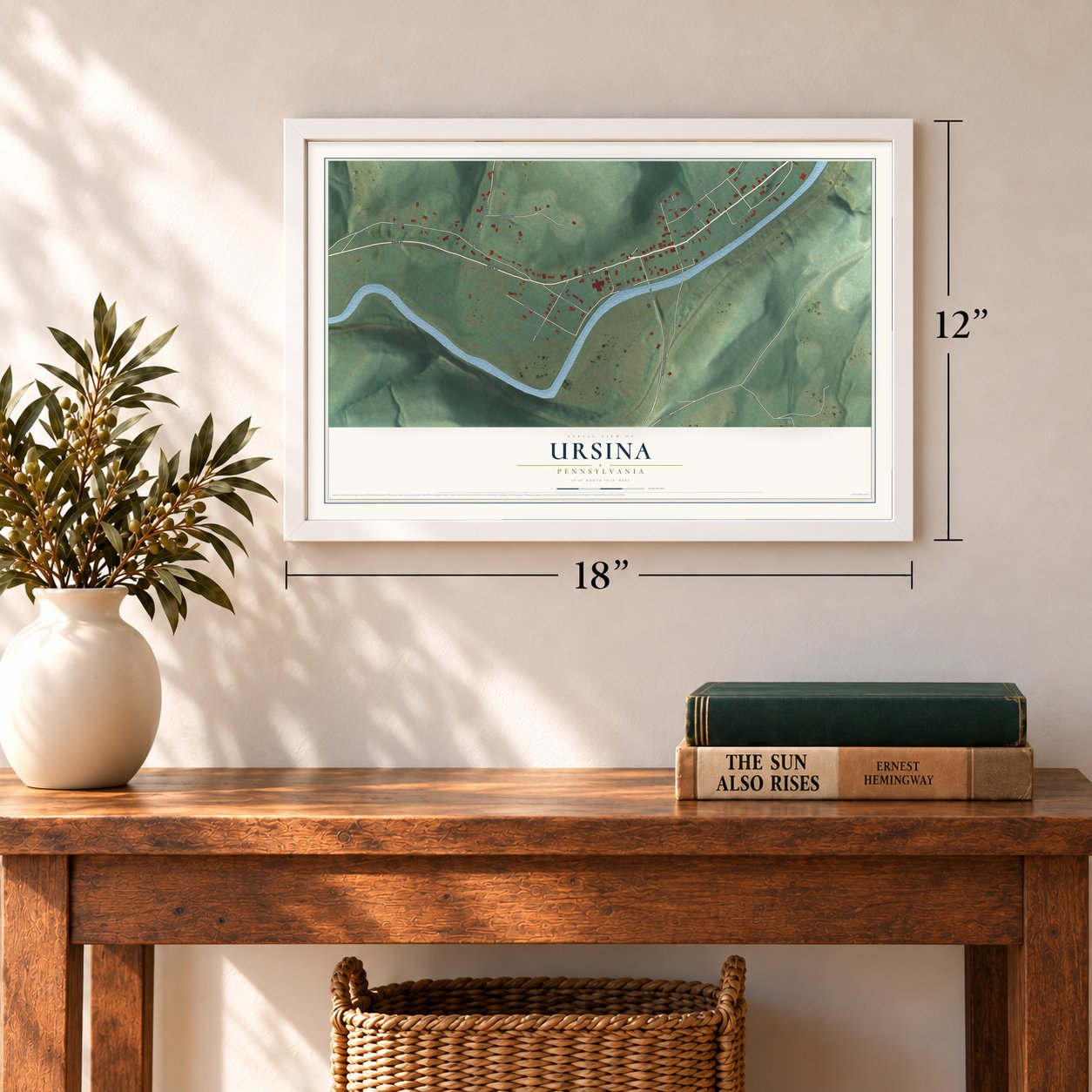 Ursina, Pennsylvania map, 12 x 18 inch print in a white frame in an entryway