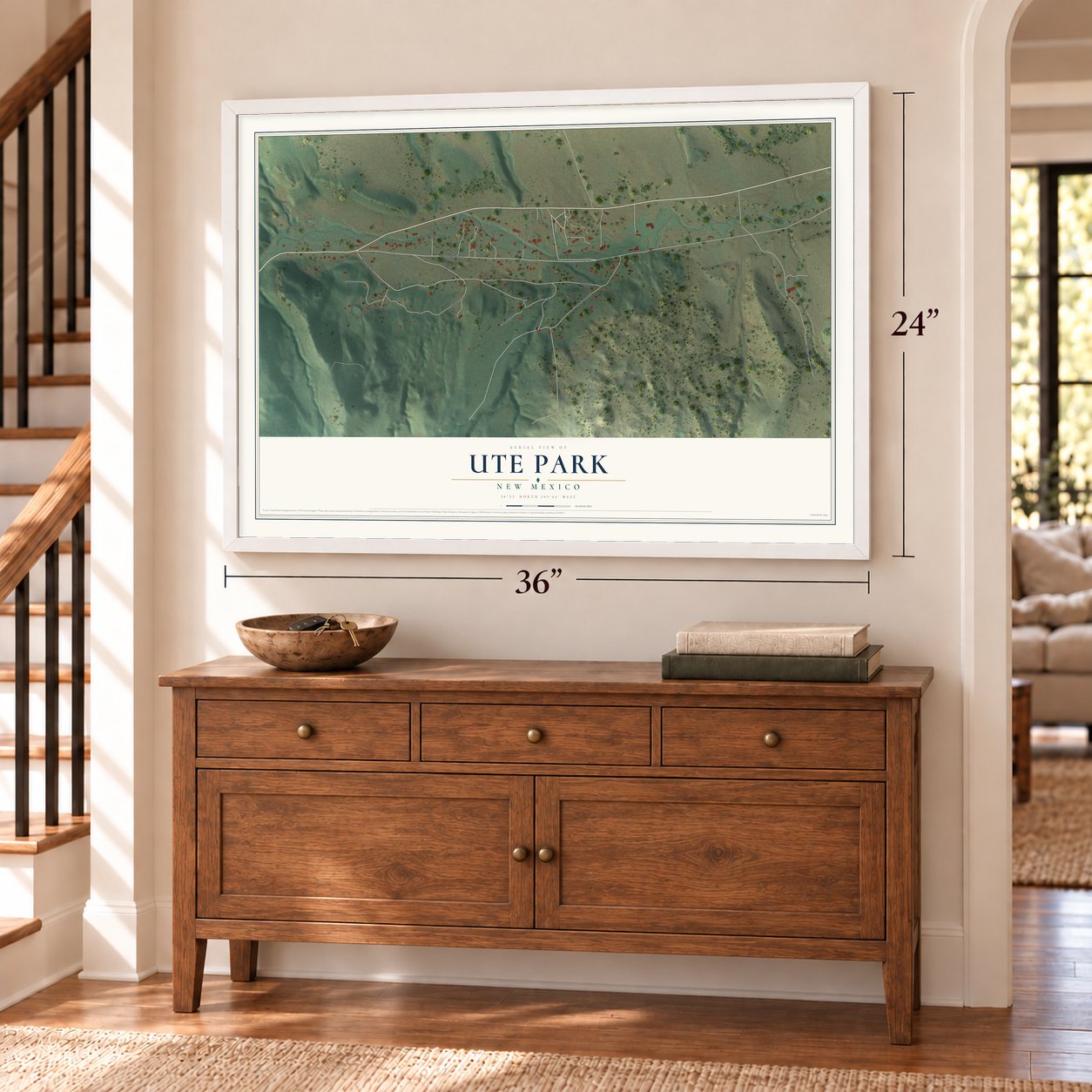 Ute Park, New Mexico map, 24 x 36 inch print in a white frame above a dresser by a staircase