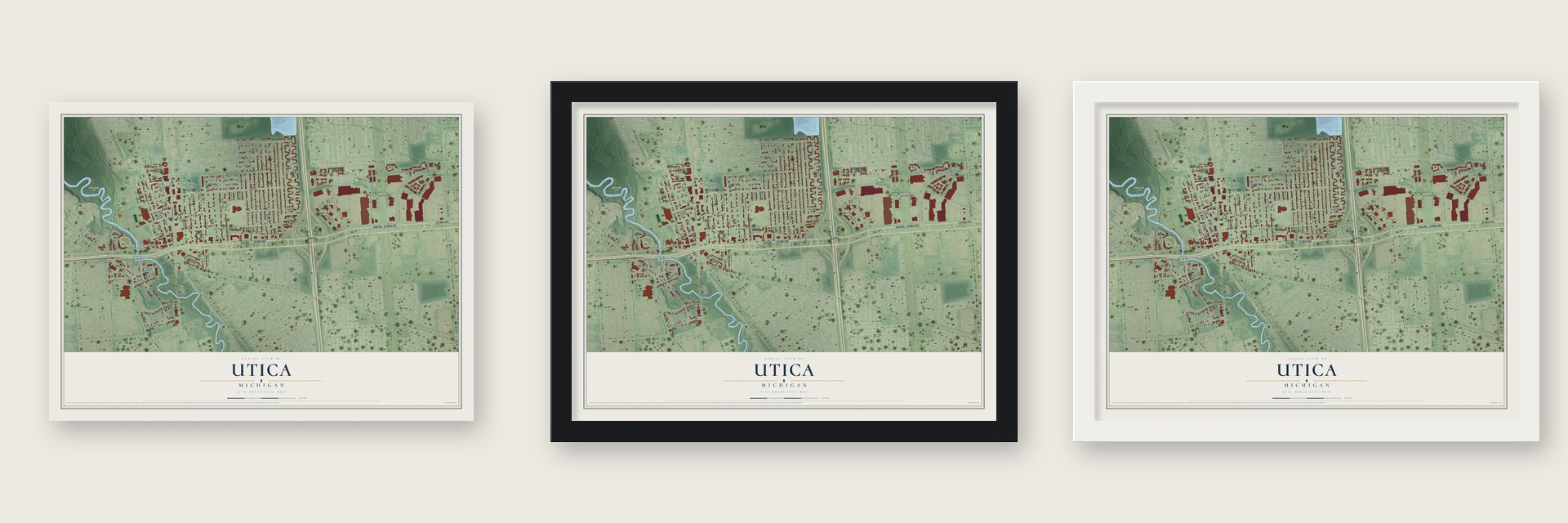 Utica, Michigan map unframed, in a black wood frame and in a white wood frame