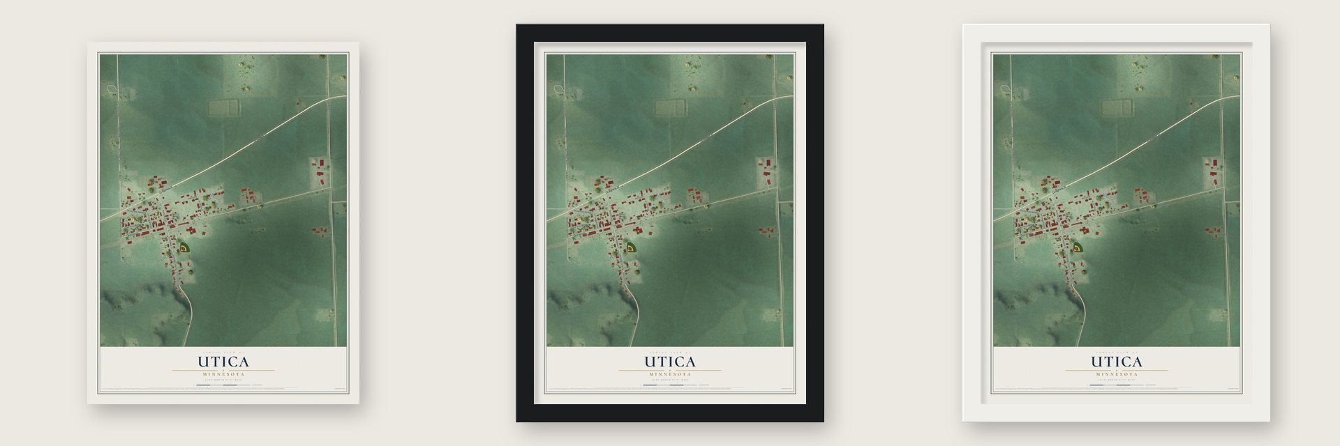 Utica, Minnesota map unframed, in a black wood frame and in a white wood frame