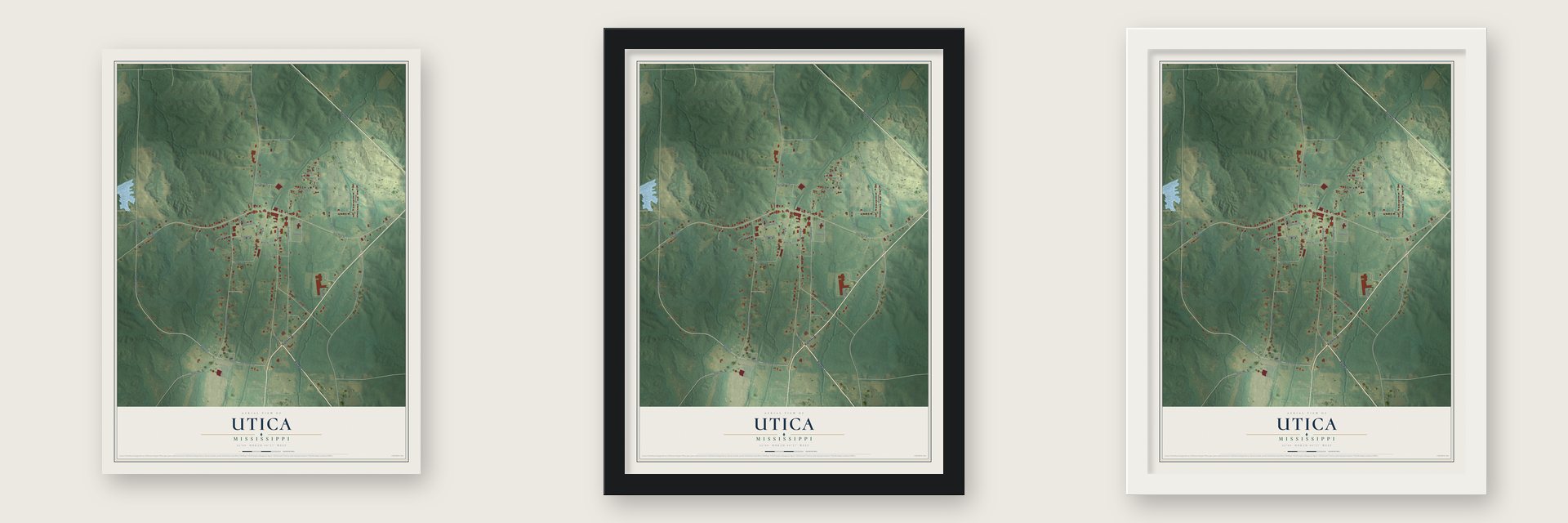 Utica, Mississippi map unframed, in a black wood frame and in a white wood frame