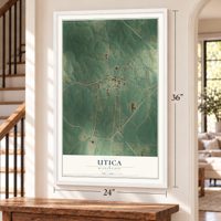 Utica, Mississippi map, 24 x 36 inch print in a white frame by a staircase
