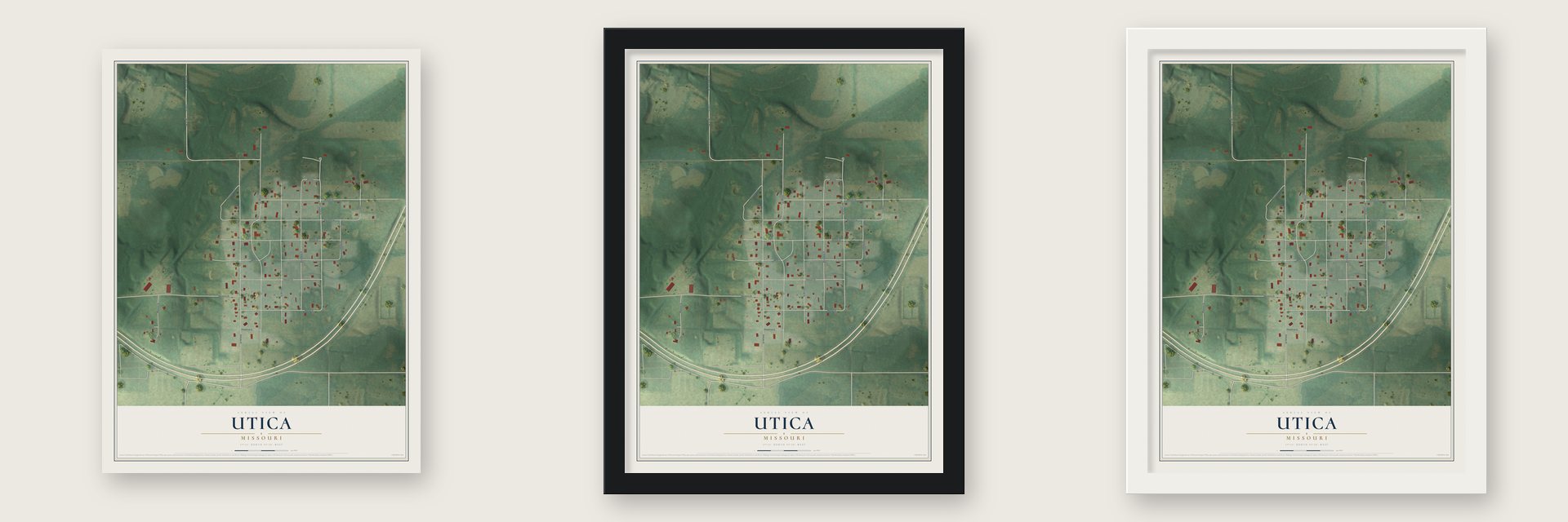 Utica, Missouri map unframed, in a black wood frame and in a white wood frame