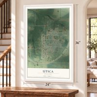 Utica, Missouri map, 24 x 36 inch print in a white frame by a staircase