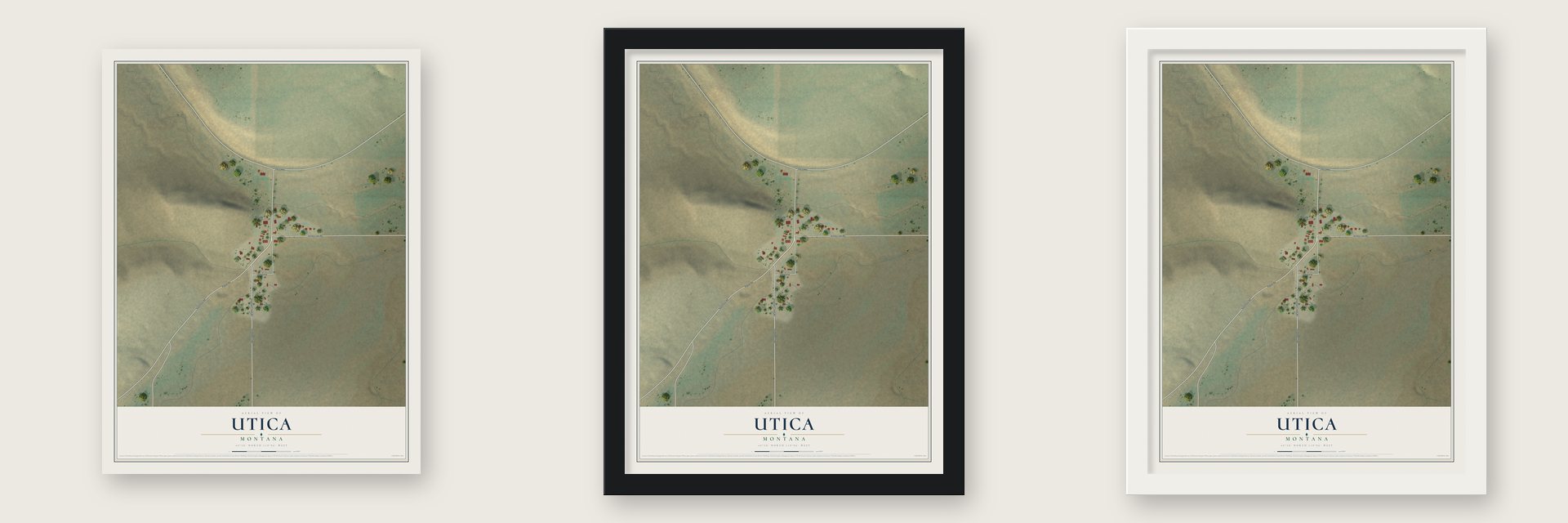 Utica, Montana map unframed, in a black wood frame and in a white wood frame