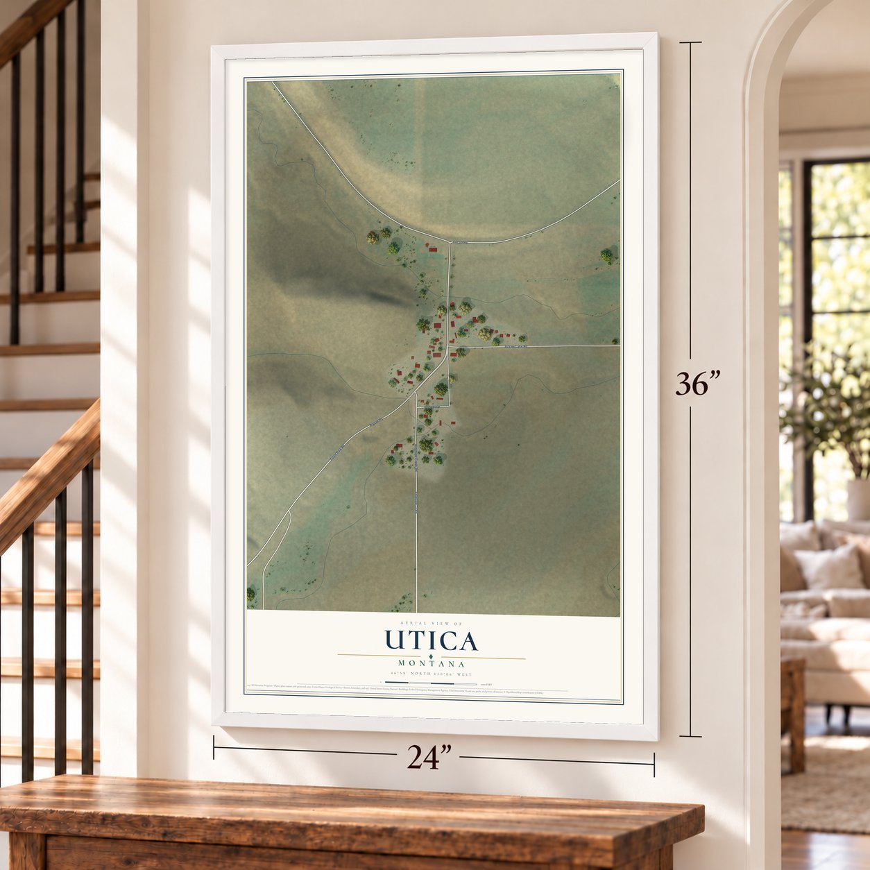 Utica, Montana map, 24 x 36 inch print in a white frame by a staircase