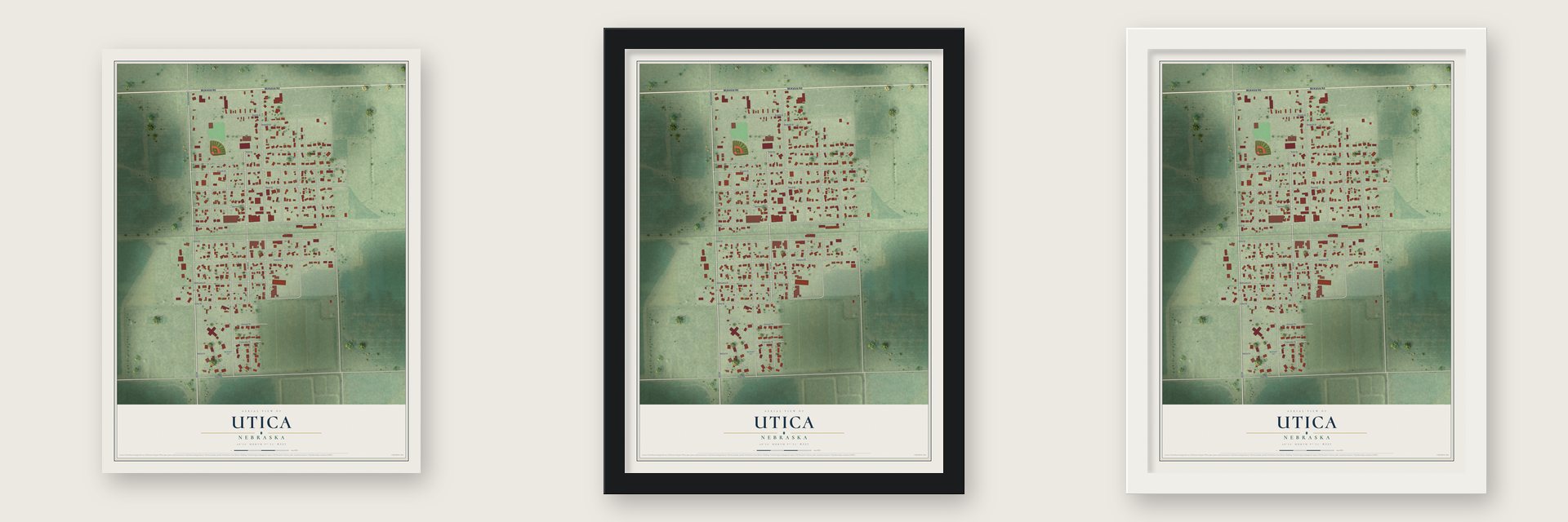 Utica, Nebraska map unframed, in a black wood frame and in a white wood frame
