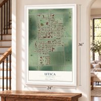 Utica, Nebraska map, 24 x 36 inch print in a white frame by a staircase