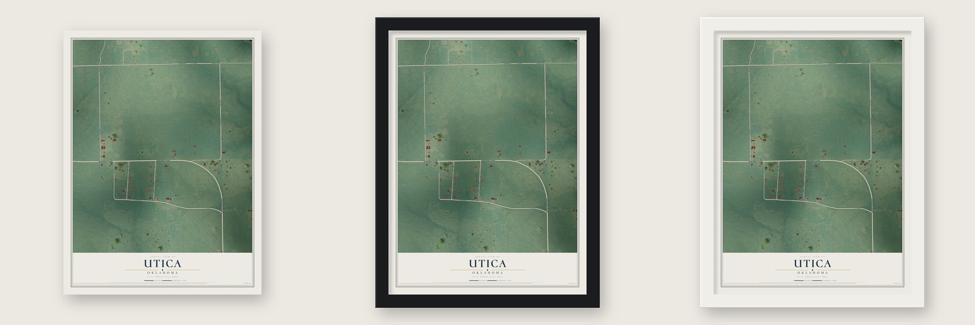 Utica, Oklahoma map unframed, in a black wood frame and in a white wood frame