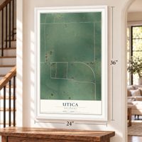 Utica, Oklahoma map, 24 x 36 inch print in a white frame by a staircase