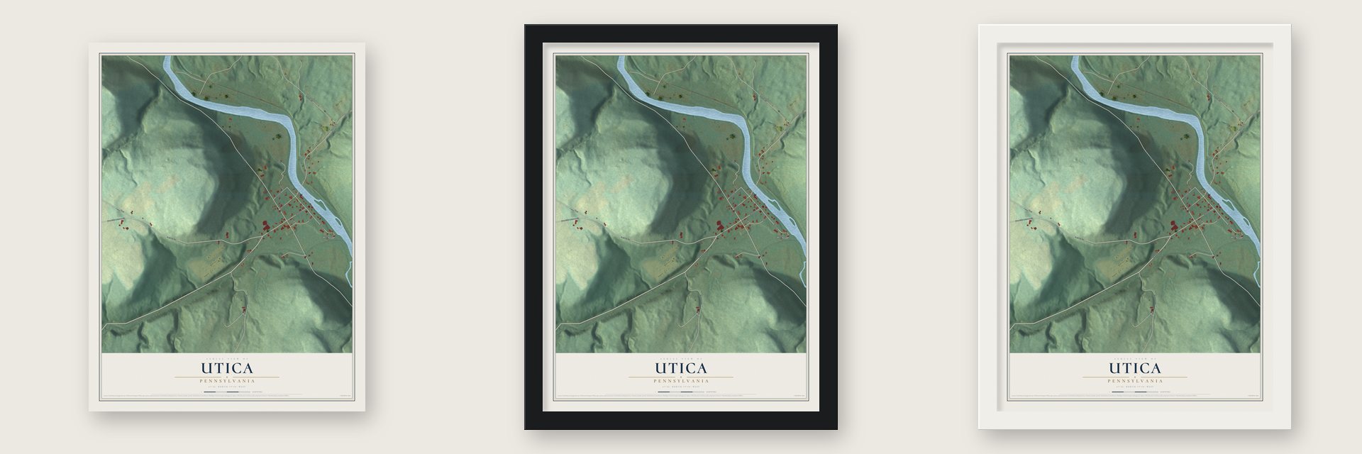 Utica, Pennsylvania map unframed, in a black wood frame and in a white wood frame