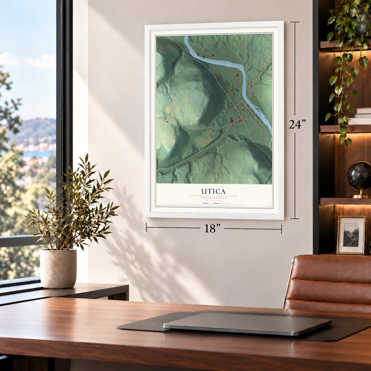Utica, Pennsylvania map, 18 x 24 inch print in a white frame in a home office