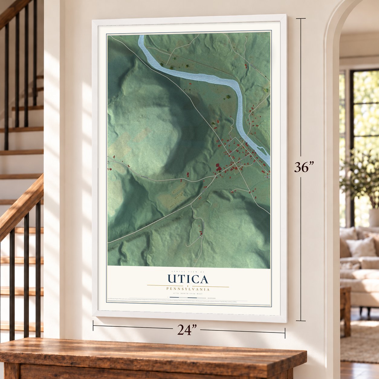 Utica, Pennsylvania map, 24 x 36 inch print in a white frame by a staircase