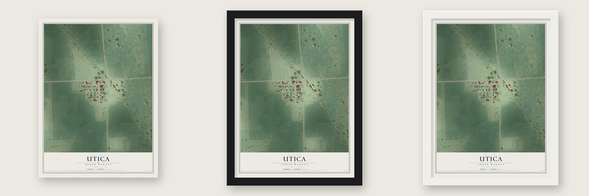Utica, South Dakota map unframed, in a black wood frame and in a white wood frame